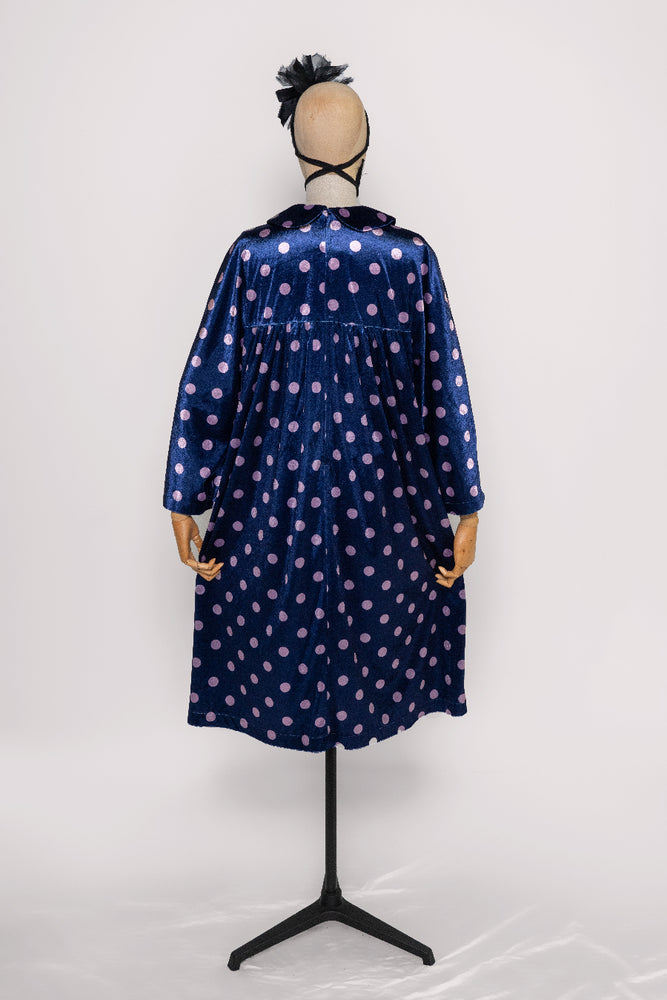 
            
                Load image into Gallery viewer, Blue Velvet with Pink Polka Dots Dress
            
        