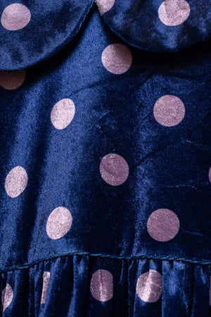 
            
                Load image into Gallery viewer, Blue Velvet with Pink Polka Dots Dress
            
        